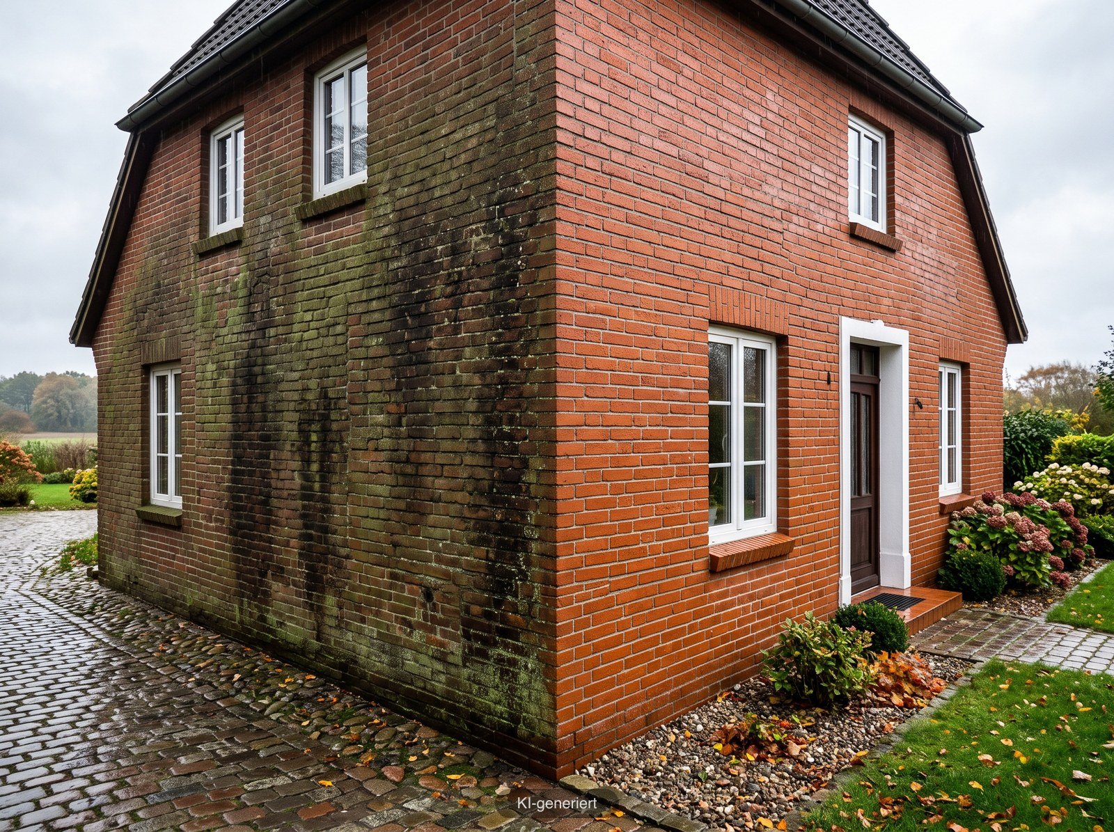 Illustration: Klinkerfassade, halb gereinigt, halb mit Grünbelag (KI-generiert)