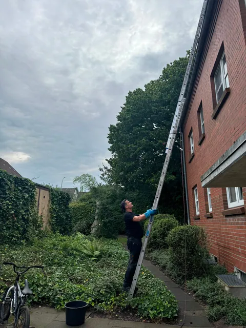 Einsatzfoto von ExpertRinnen: angelegte Leiter an einem Klinker-Mehrfamilienhaus, Mitarbeiter arbeitet an der Dachrinne